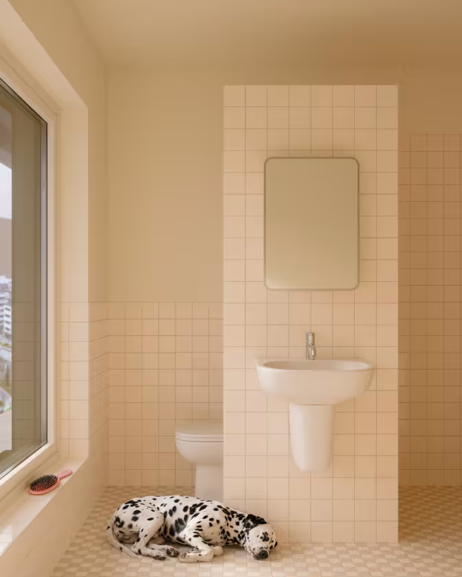 Husen på Taket: Interiör bild, badrum. Stilpaket beige.
